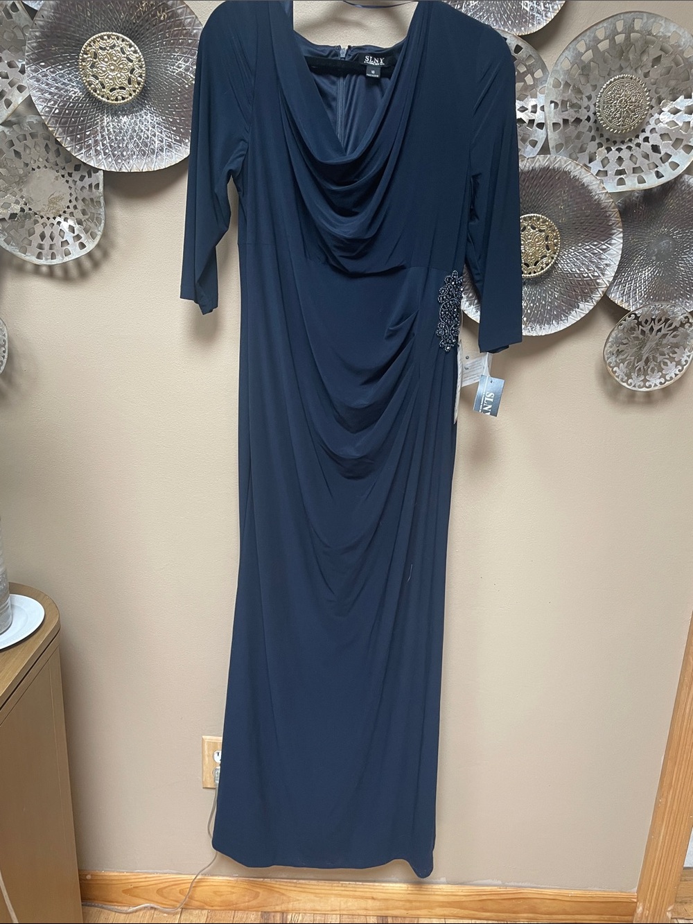 SLNY Navy Drape-Front Long Sleeve Evening Gown